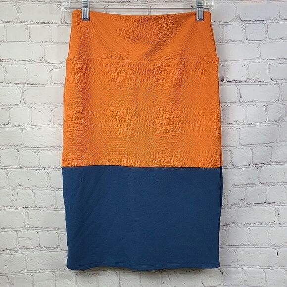 LuLaRoe Cassie Bodycon Skirt Orange Blue Colorblock Jaquard Stretch Pencil SMALL - Picture 6 of 8